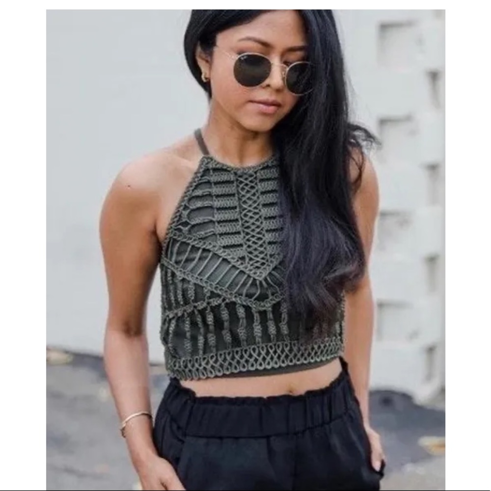 H&M Olive Green Crochet High-neck Crop Top